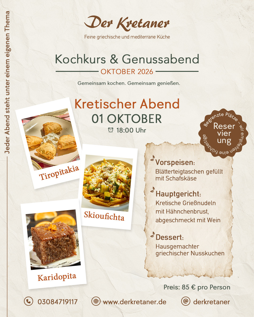 Kochkurs am 1. Oktober: Kretischer Genussabend